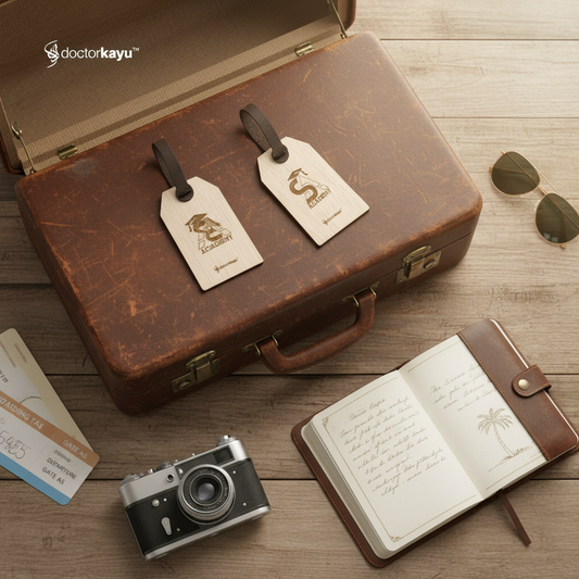 Wooden Luggage Tag - Flat Lay Travel Scene